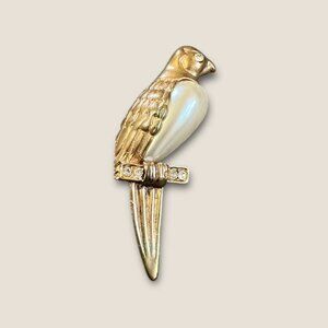 Vintage Gold-Tone Parrot Brooch With Pearl & Rhinestone Accents